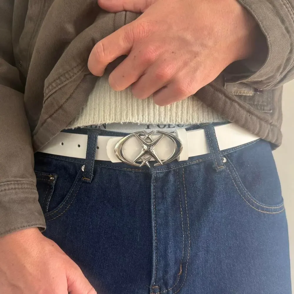 2000s White Silver Star Belt Adjustable Fits 26-34 Unisex Y2K Streetwear